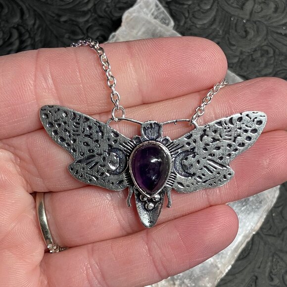 Amethyst Crescent Moon Witchy Fairycore Cicada Necklace Stone Crystal Jewelry - Picture 1 of 5